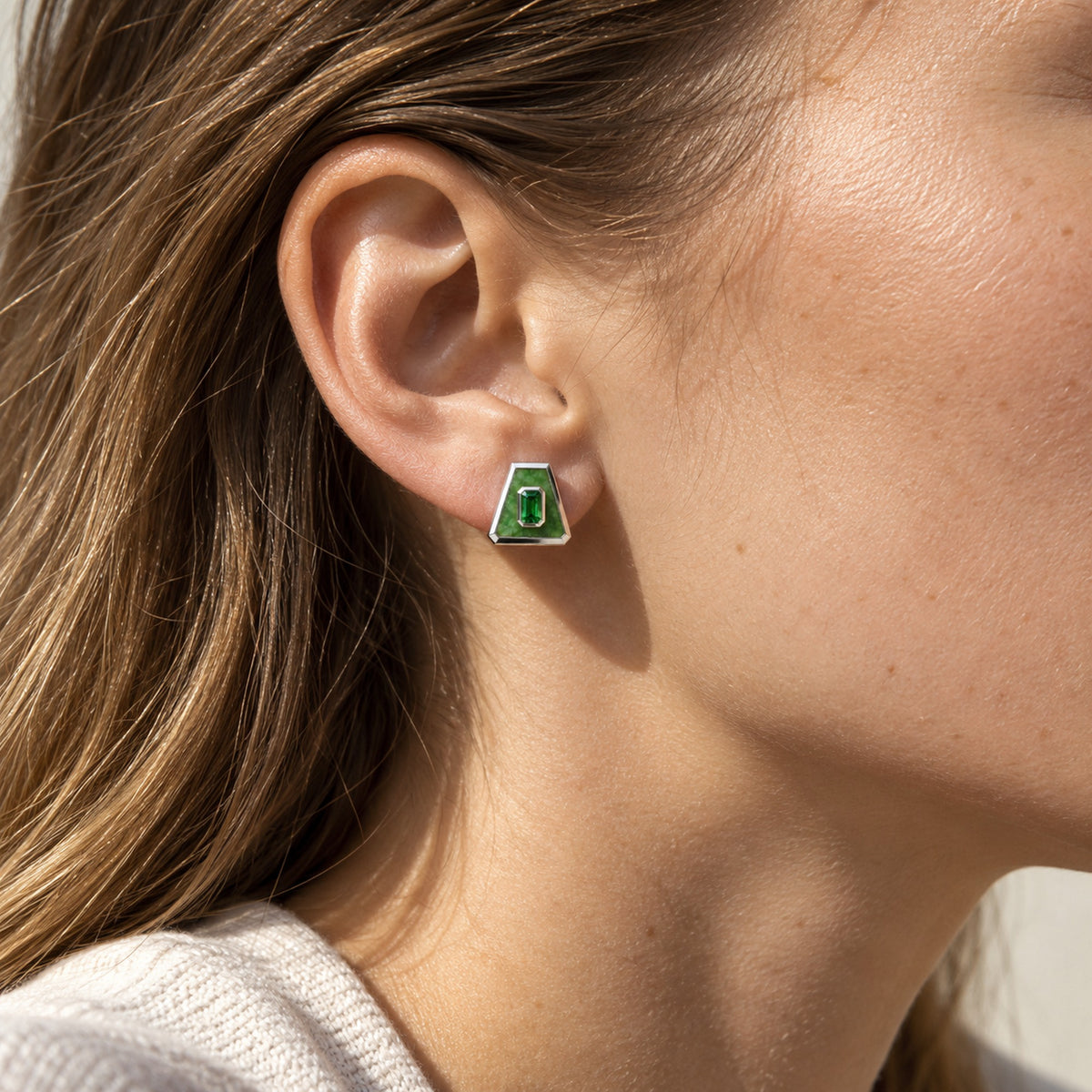 Earth Nation Trapezoid Studs in silver, worn