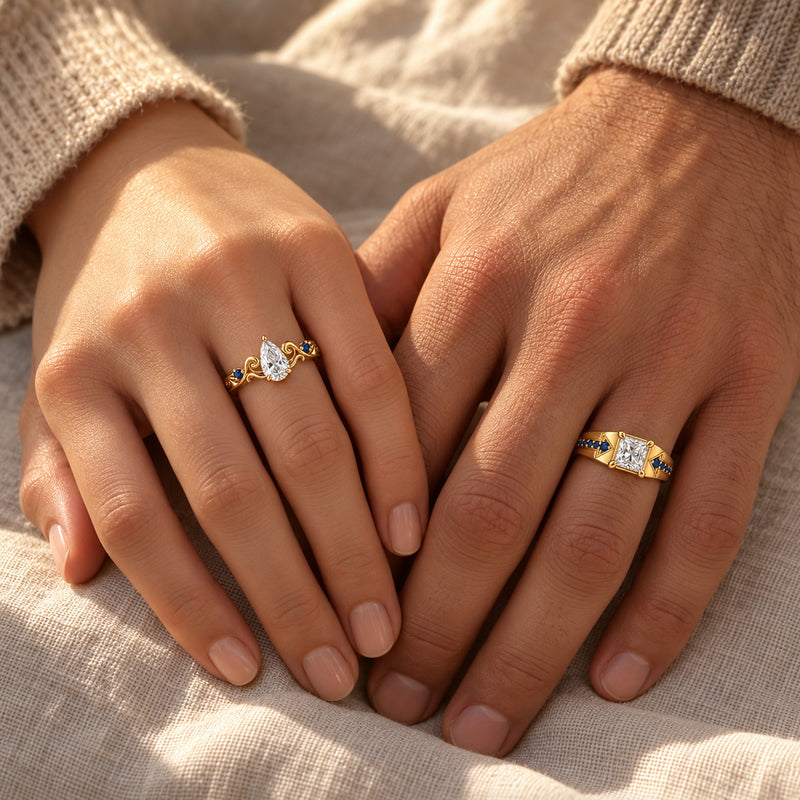 Wave and Arrow Couple Ring Set in gold, worn