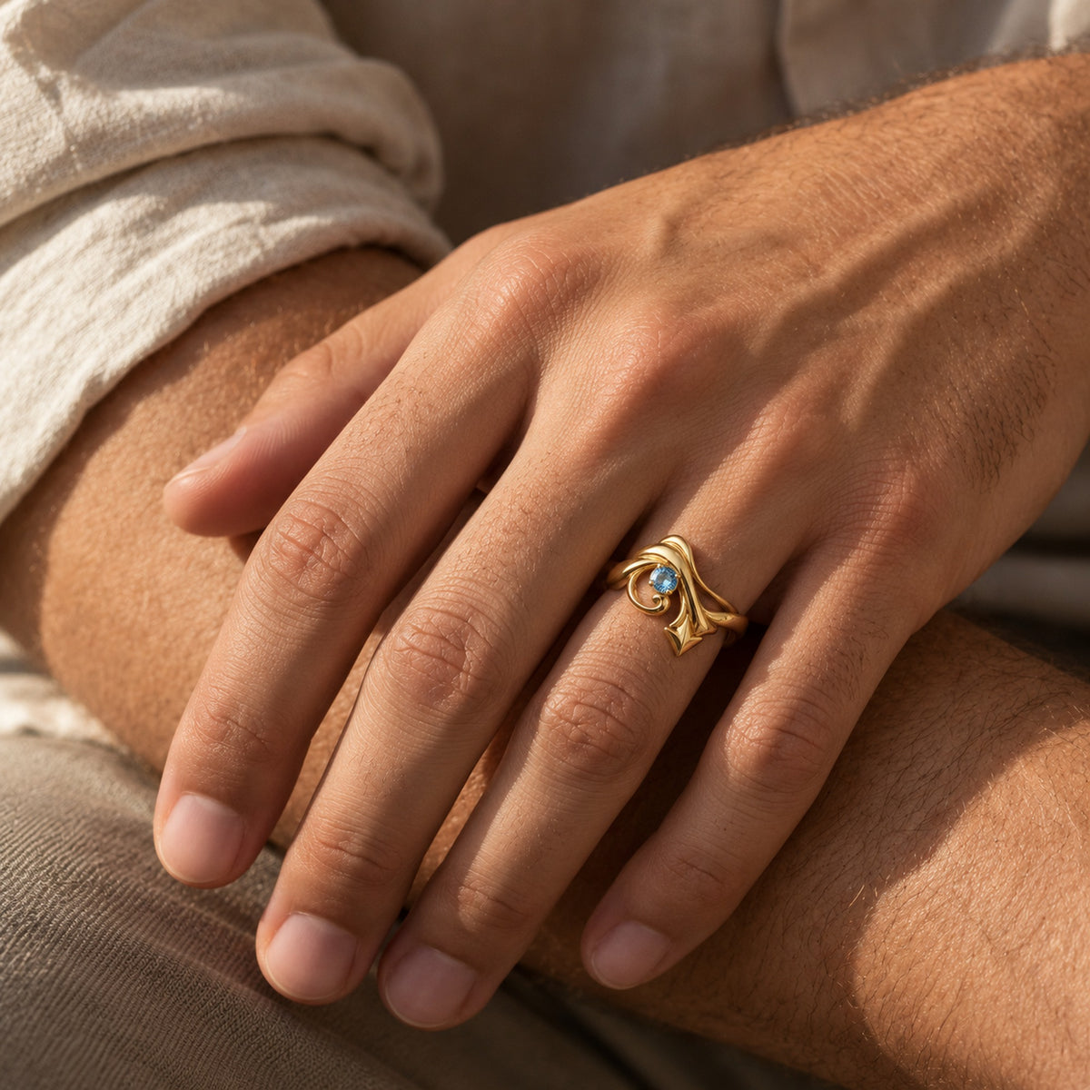 Wind Temple Arrow Ring in gold, worn