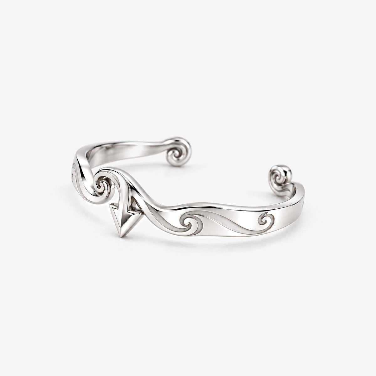 Wind Temple Arrow Cuff in silver, left side view