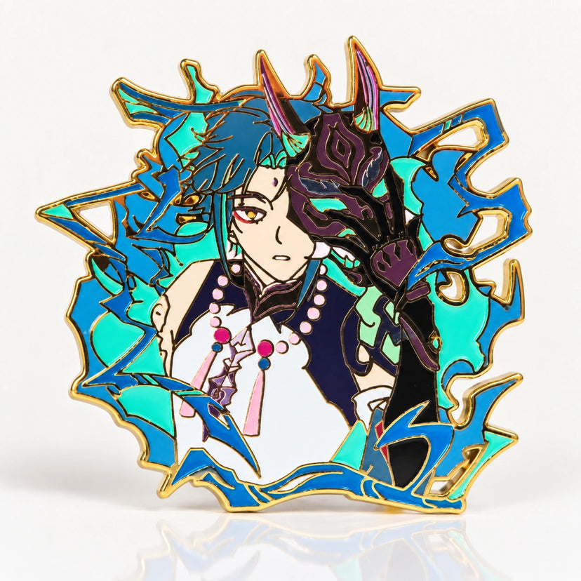 Xiao Glow in the Dark Enamel Pin by Kraymer Art, front view on white