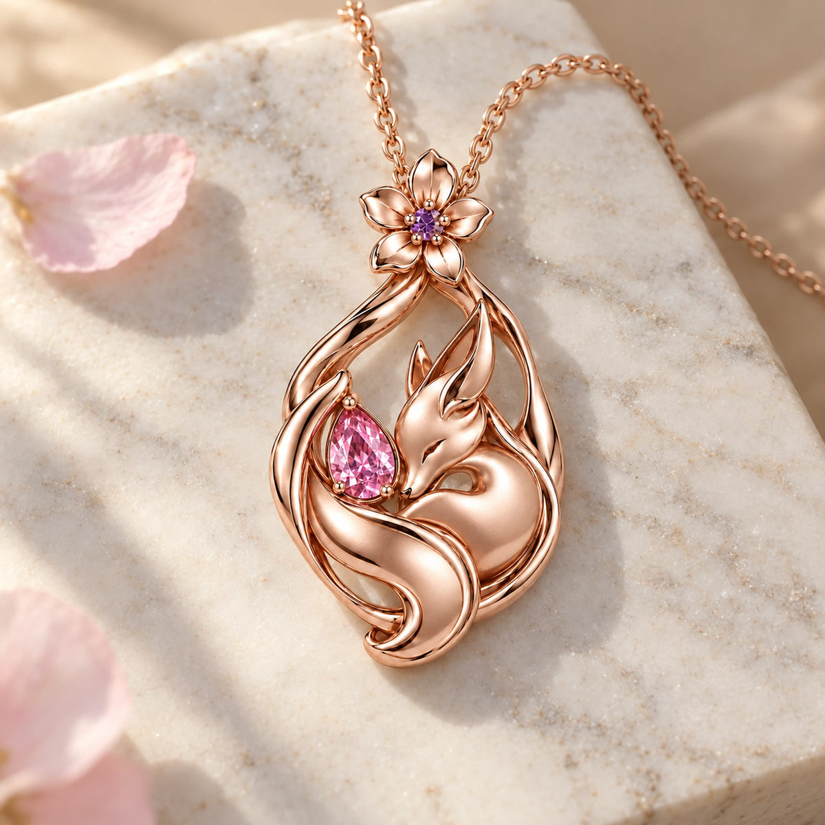 Yae Miko Necklace in rose gold, natural light still life