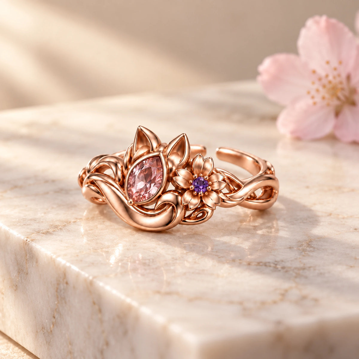 Yae Miko Ring in rose gold, natural light still life