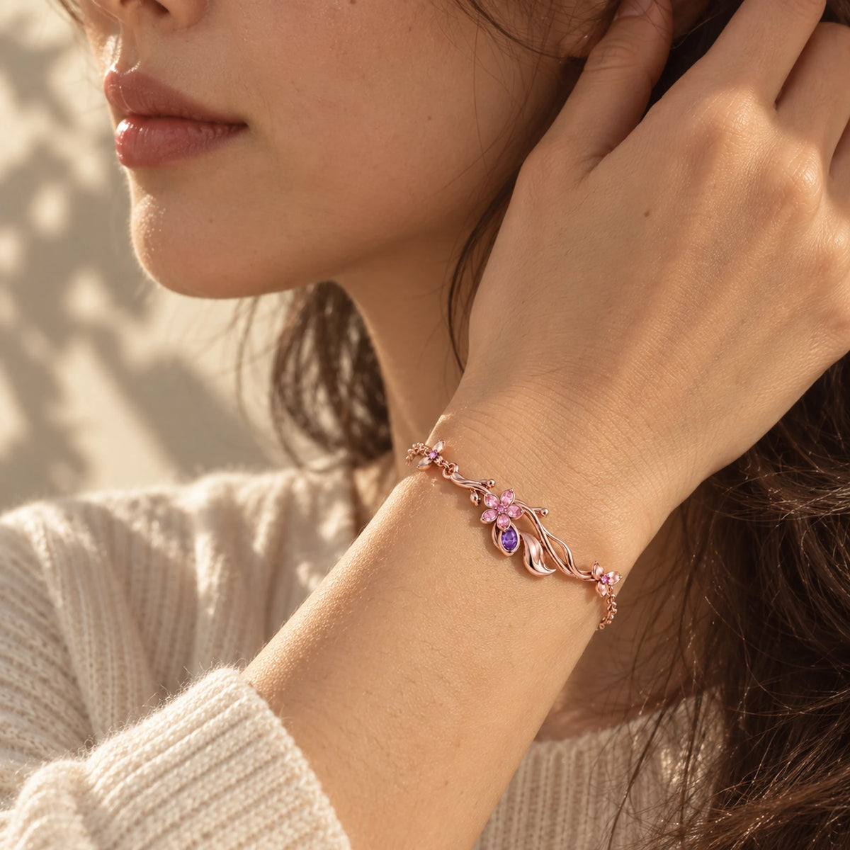 Yae Miko Sacred Branch Bracelet in rose gold worn on the wrist