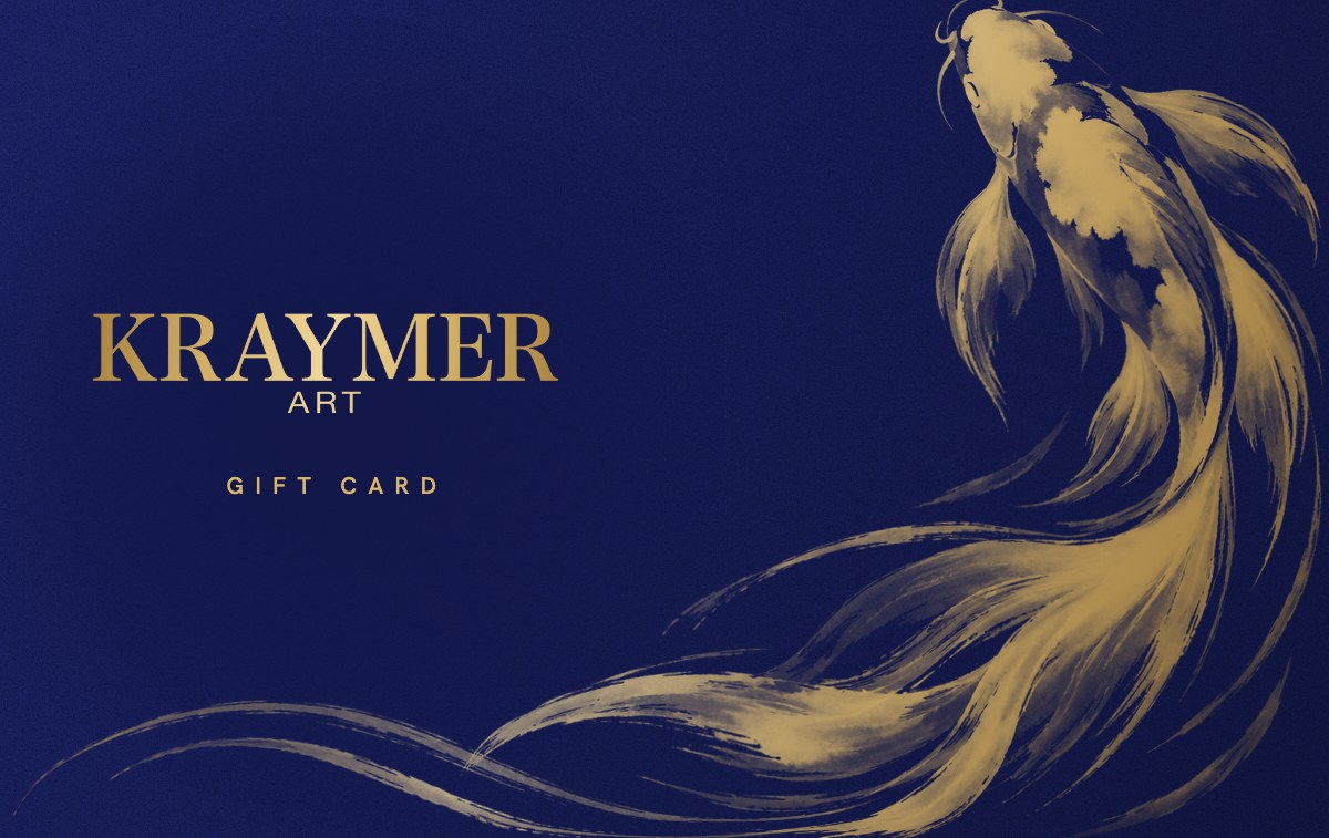 Kraymer Art gift card: a koi painted in gold ink swims across a navy card, beside the Kraymer Art name