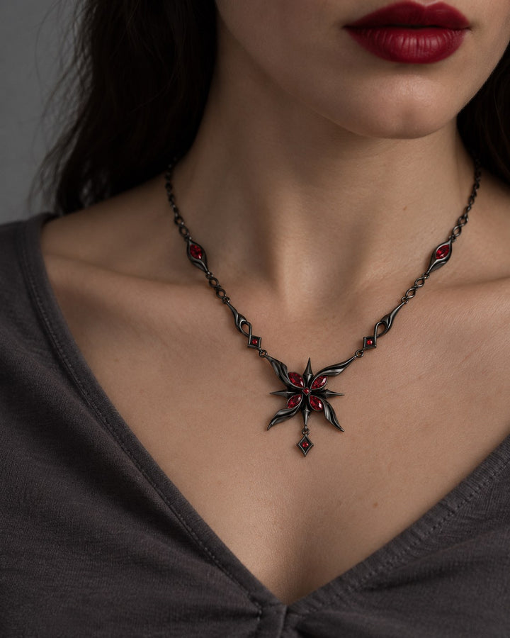 The Arlecchino Necklace in Royal Black, worn