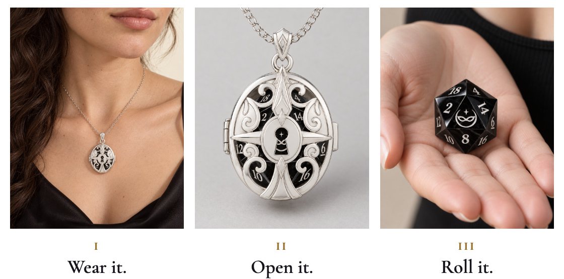 The Rogue necklace worn, opened, and its d20 in a hand