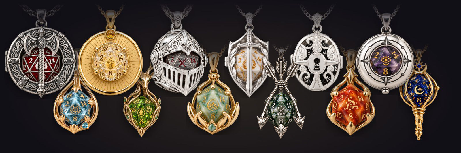 Twelve class necklaces, each holding its own d20