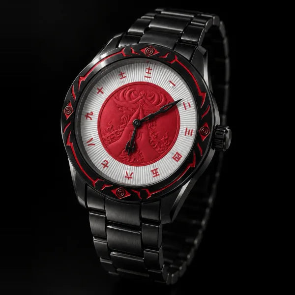 Raised shrine, hands and rolling clouds on the red dial